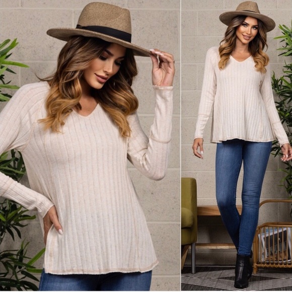 USA Made women’s sand color fall cute casual long sleeve v neck top - Picture 2 of 2